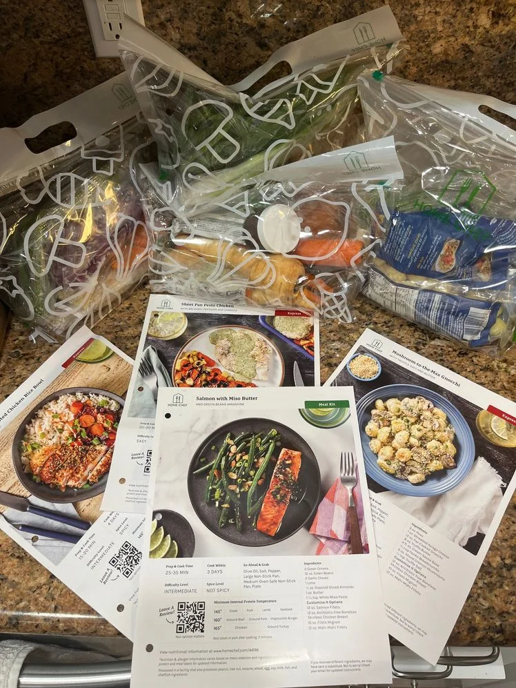 Home Chef recipe cards and packaged ingredients