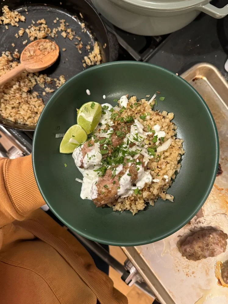 Image may contain: Food, Food Presentation, Plate, Cutlery, Spoon, and Person