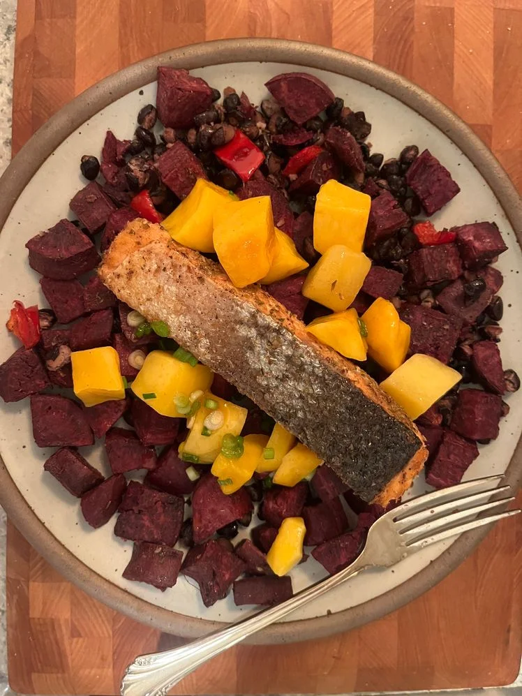 Image may contain: Food, Food Presentation, Cutlery, Fork, Plate, Beef, Meat, Seafood, and Salmon