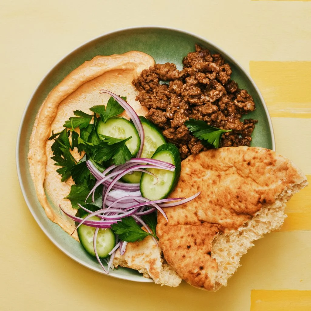 Lamb and spice Yogurt plated on a green plate on a yellow background