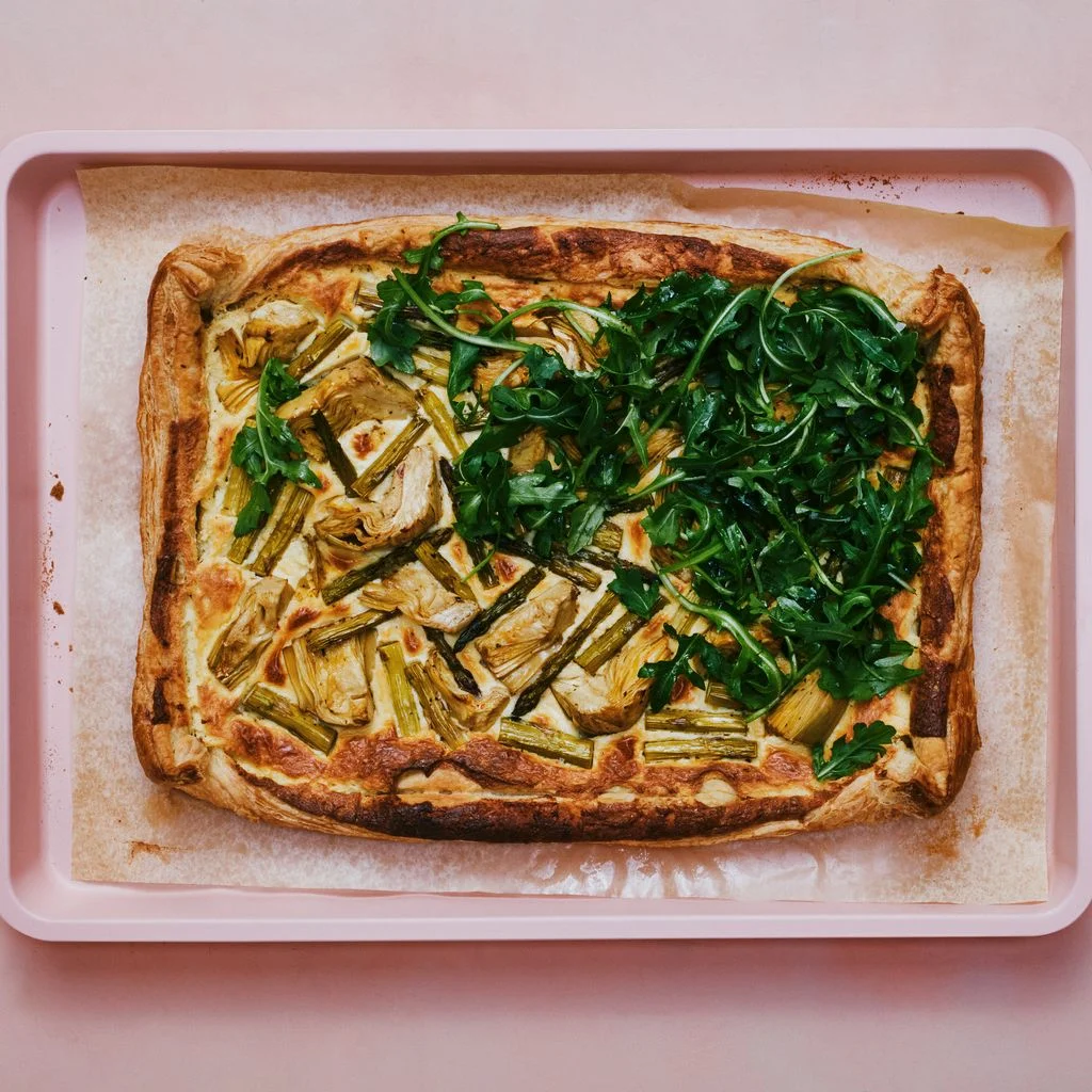 Artichoke galette on a pink background
