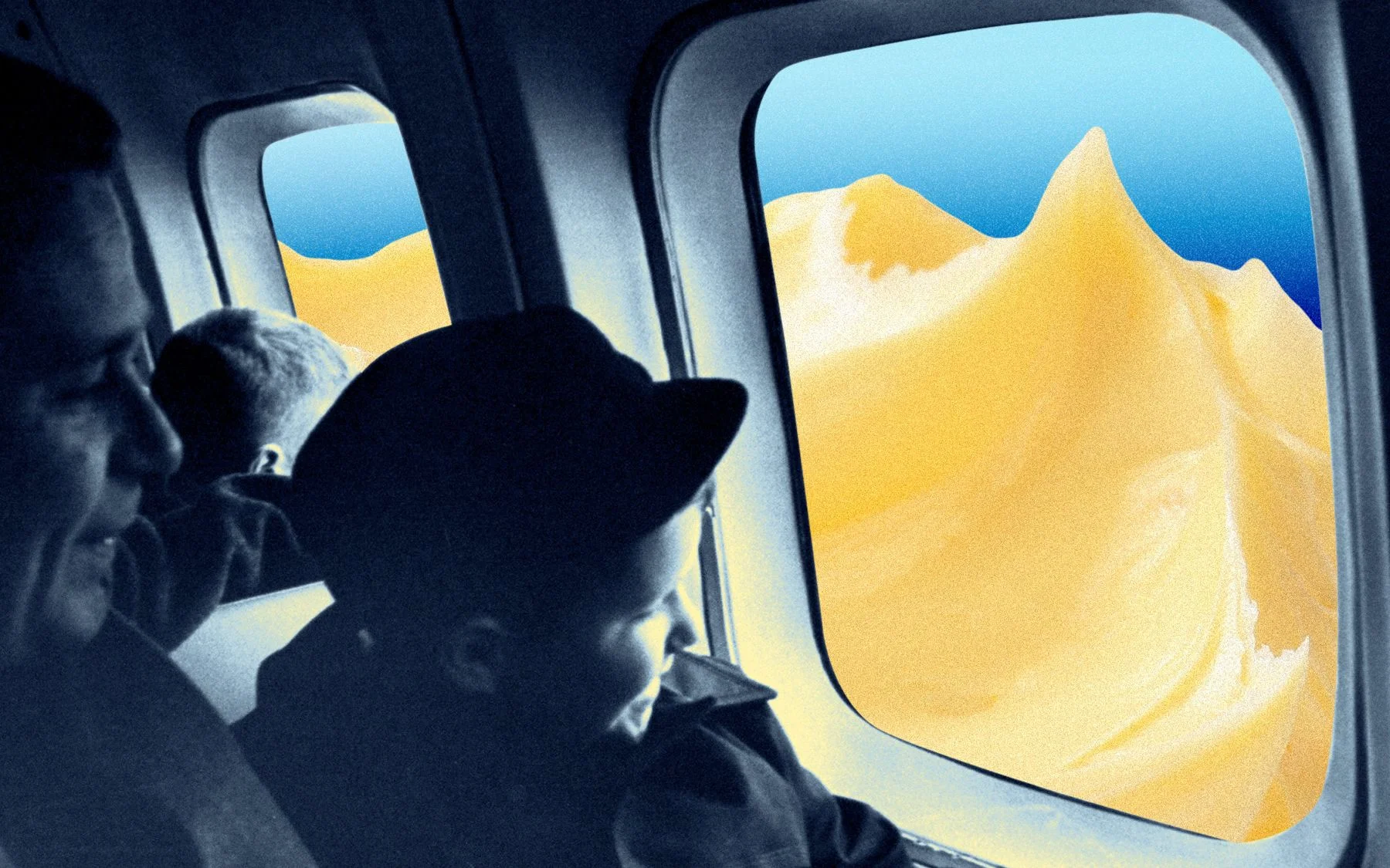 Photo collage of travelers looking out a window at peaks of butter