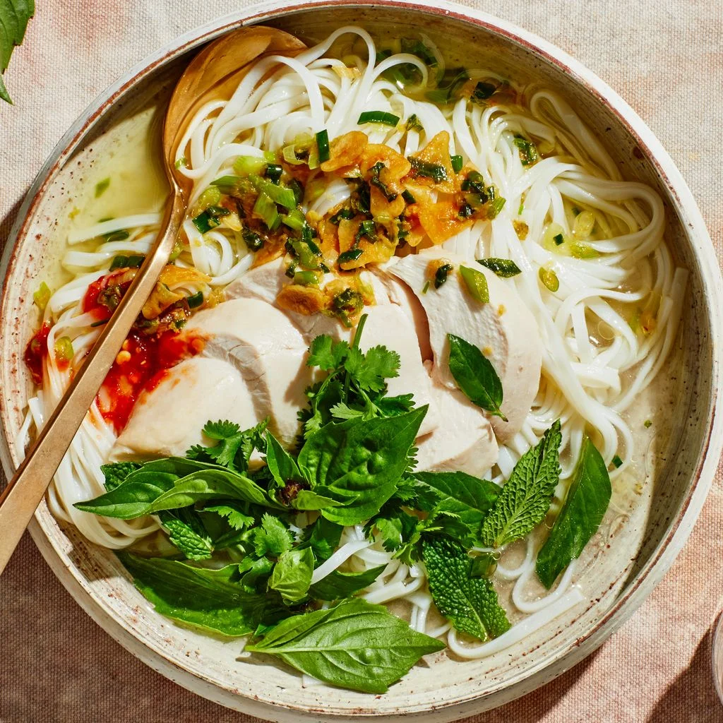 Chicken Soup With Rice Noodles and Scallion Crisp recipe