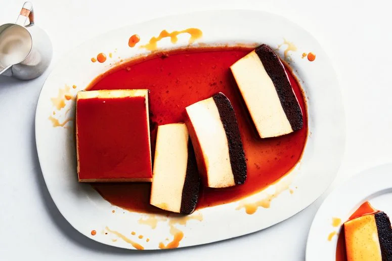 Chocoflan on a white plate on a white surface