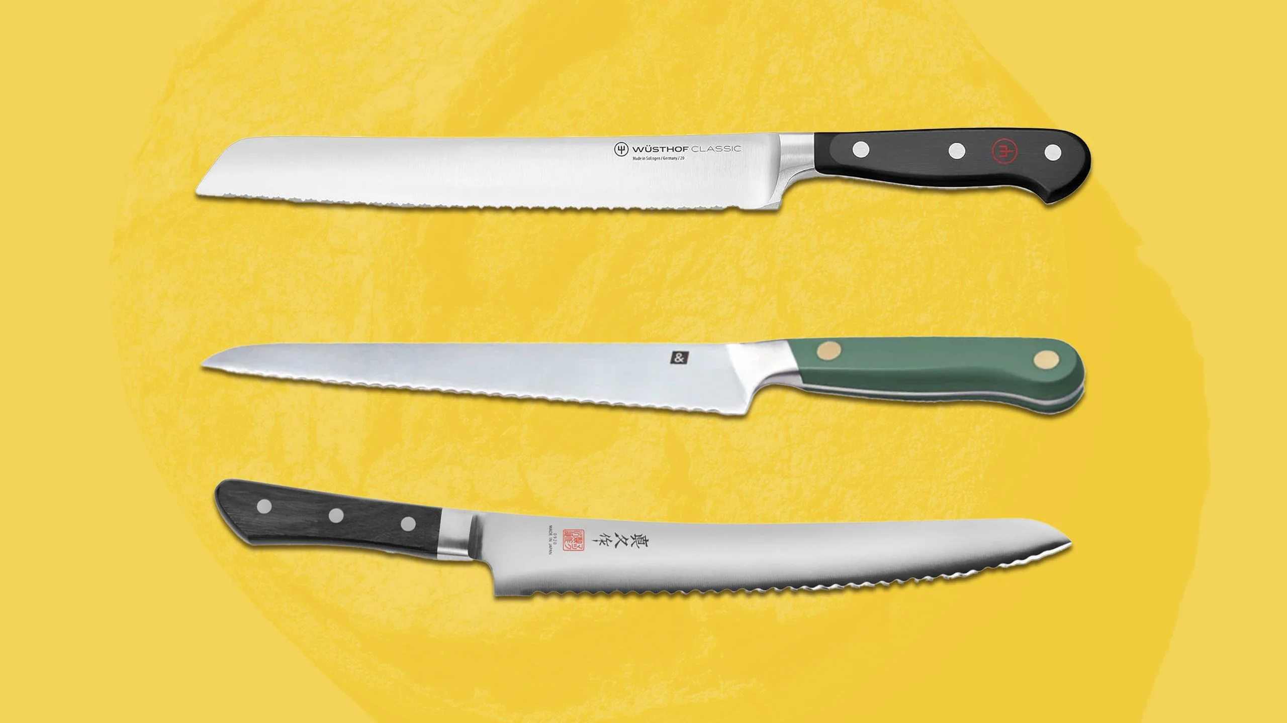 Three bread knives on a yellow background to represent the best bread knife